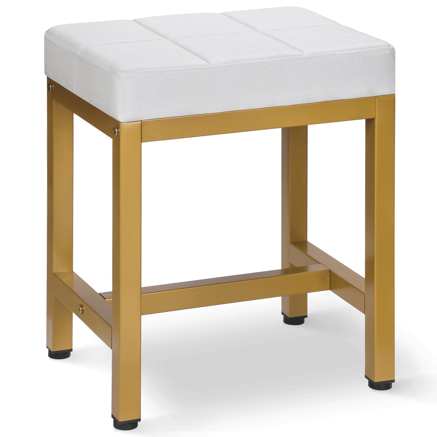 FLYZC Vanity Stool, Vanity Chair for Makeup Room, Square Linen Small Ottoman Foot Stool with Metal Legs, Modern Makeup Chair for Bedroom, Living Room, Gold & Off White