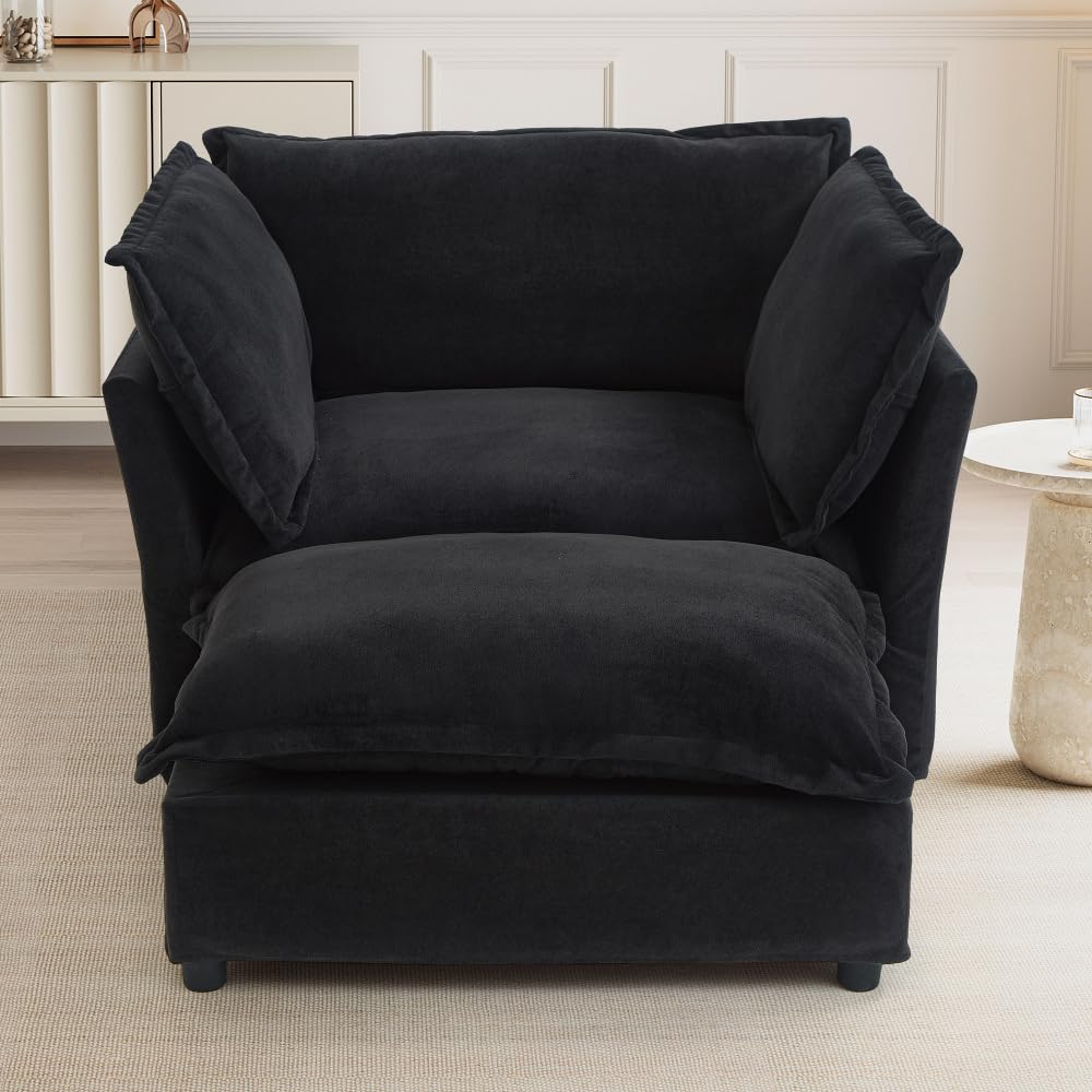 Asmeten Modern Armchair Sofa 47" Cozy Upholstered Sofa Chair with Movable Ottoman, Wide Seat, Curved Armrests and Soft Pillows for Living Room, Bedroom,Green (Black + Chenille + Foam + 2 Seat)