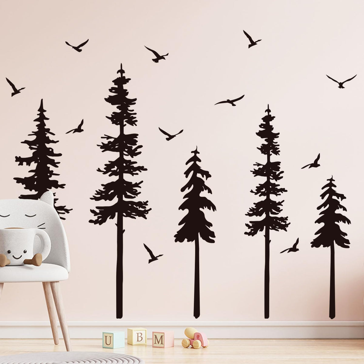 Large Pine Trees Wall Decals Black Forest Wall Stickers Christmas Decoration Wallpaper Woodland Animal Birds Mural Decals Peel and Stick Vinyl Wall Art Stickers for Bedroom