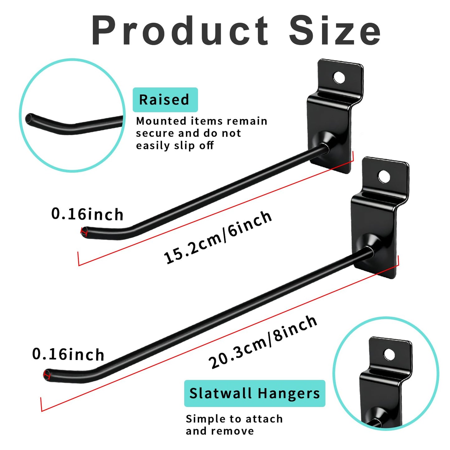 UCEHIPAW 108 Pcs Slatwall Hooks 6 and 8 Inch Black Metal Hangers Heavy Duty Hanging Shelf Brackets Slat Board Peg Accessories Panel Display Hooks for Retail Display Garage Shop