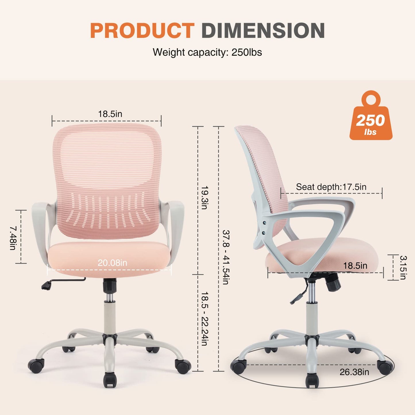 Sweetcrispy Ergonomic Mid-Back Mesh Home Office Desk Chair with Wheels, Managerial Executive Chair with Lumbar Support, and Comfortable Armrests for Home, Bedroom, Study, Office, Pink