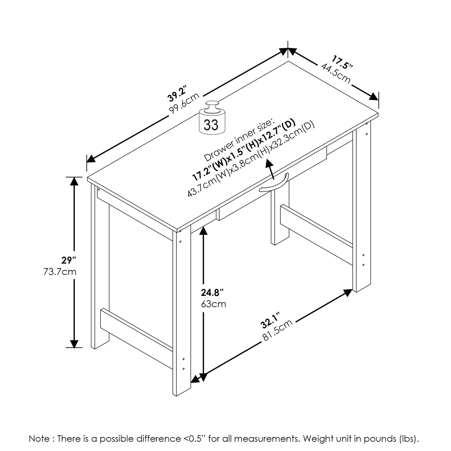 FURINNO Jaya Writing Desk For Residential Use With DrawerBlack, Blackwood, Large