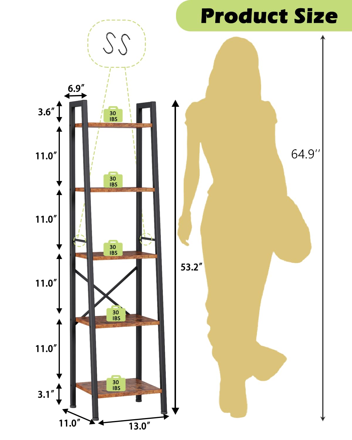 Furologee 5 Tier Ladder Shelf Bookcase, Tall Narrow Bookshelf with 2 Hooks, Rustic Brown Bathroom Corner Book Shelf, Metal Wood Book Case Standing Unit, Display Shelf for Living Room Office Kitchen