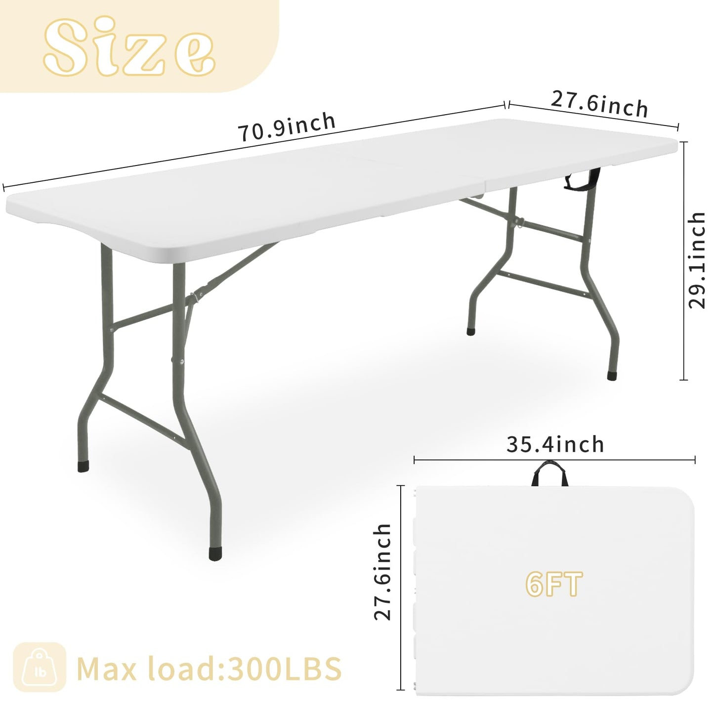 Set of 2 Folding Table 6 FT Lightweight Camping Table White Portable Plastic Rectangular Outdoor Dining Table Steel Legs Fold-in-Half with Carrying Handle for Indoor,Picnic,Party,Wedding,Events