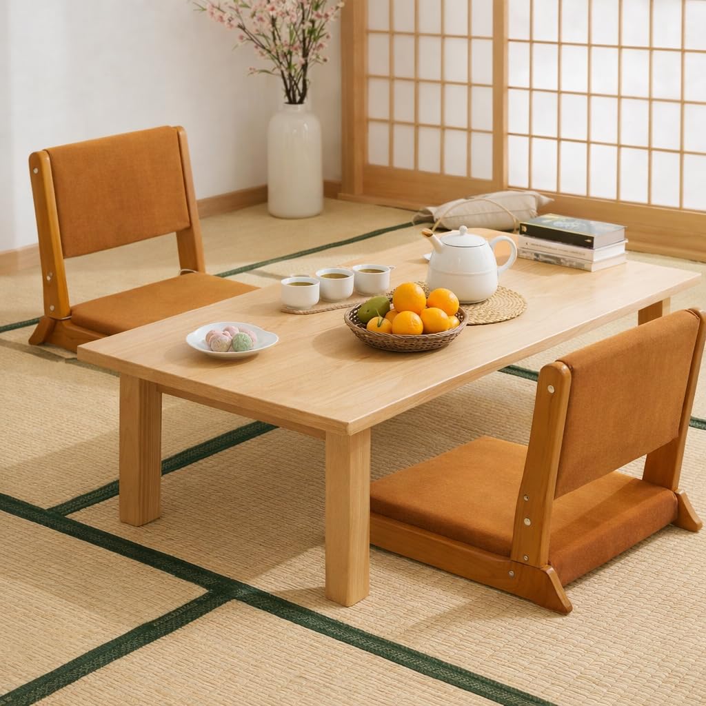 HollyHOME Foldable Japanese Style Floor Chair with Back Support, Tatami Chair with Cushion, Meditation Seat for Bay Window, Living Room, Bedroom, Pumpkin Color