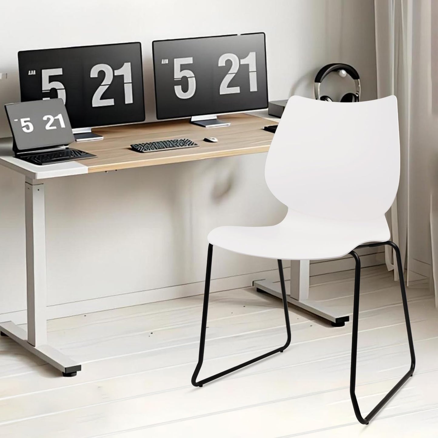 KLASIKA Stackable Waiting Room Chair, Stacking Office Chair with Ergonomic Lumbar Support and Metal Legs, Plastic Desk Chairs for Conference School Church Guest Reception Set of 4, White