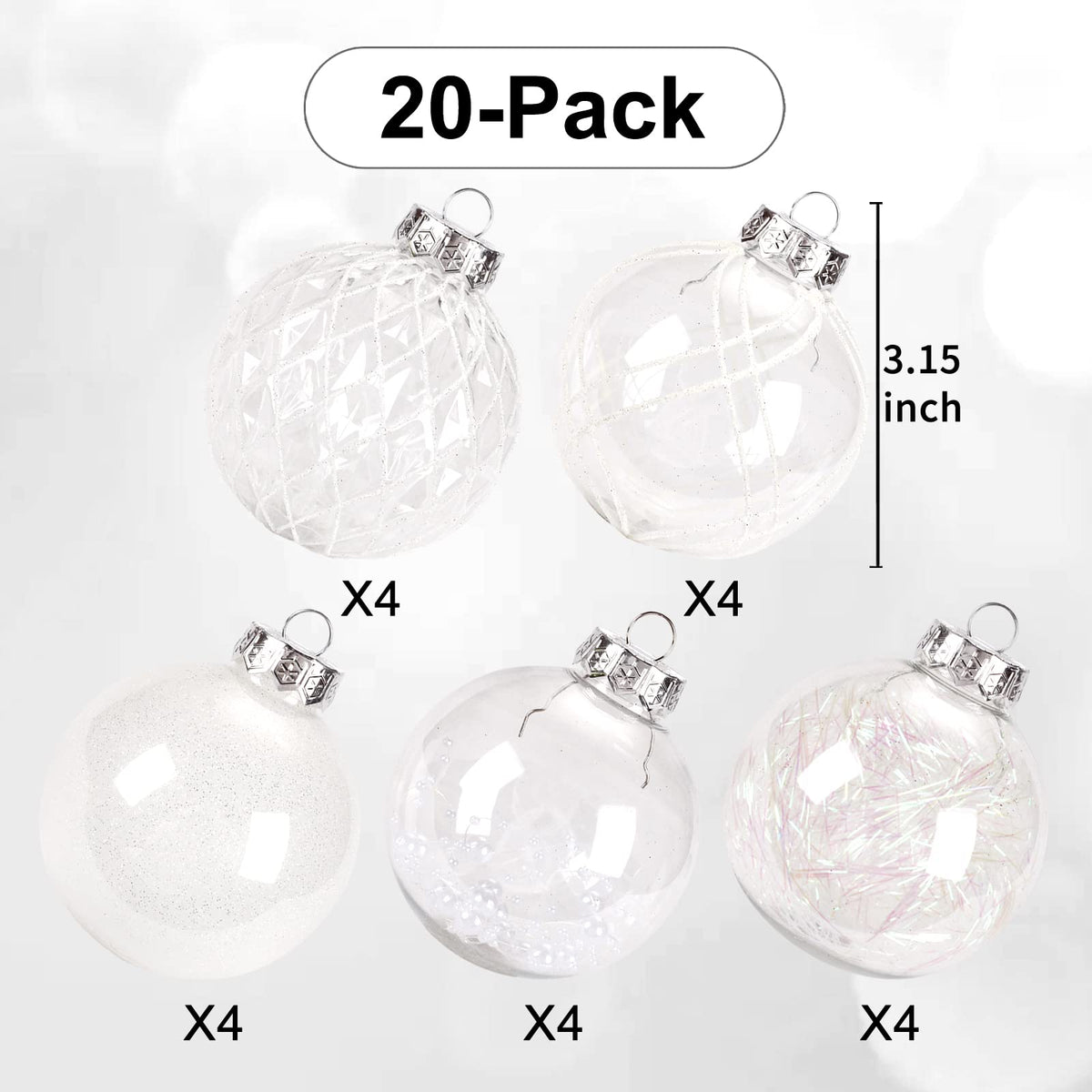 Christmas Ball Ornaments Set, 20ct Large Clear Shatterproof 80mm/3.15" White Christmas Ornaments for Christmas Tree Hanging Decorative Bauble for Halloween Thanks Giving Xmas Wedding Party