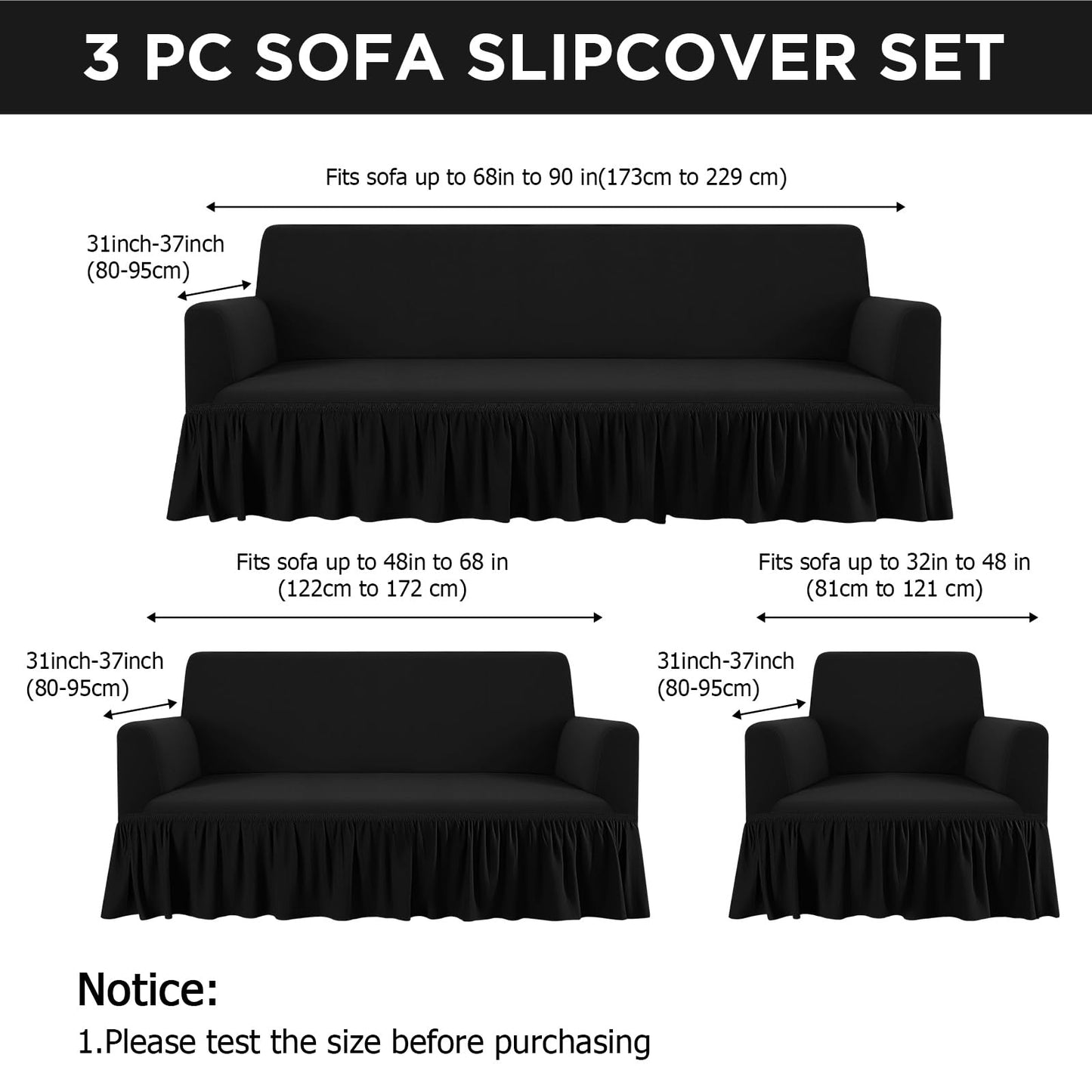 Fanfanwin 3 Pcs Sofa Slipcover Set for Couch Cushion Durable Washable High Elastic Stretchable Furniture Couch Covers with Skirt for Sofa Loveseat Arm Chair(Black,Milk Silk)