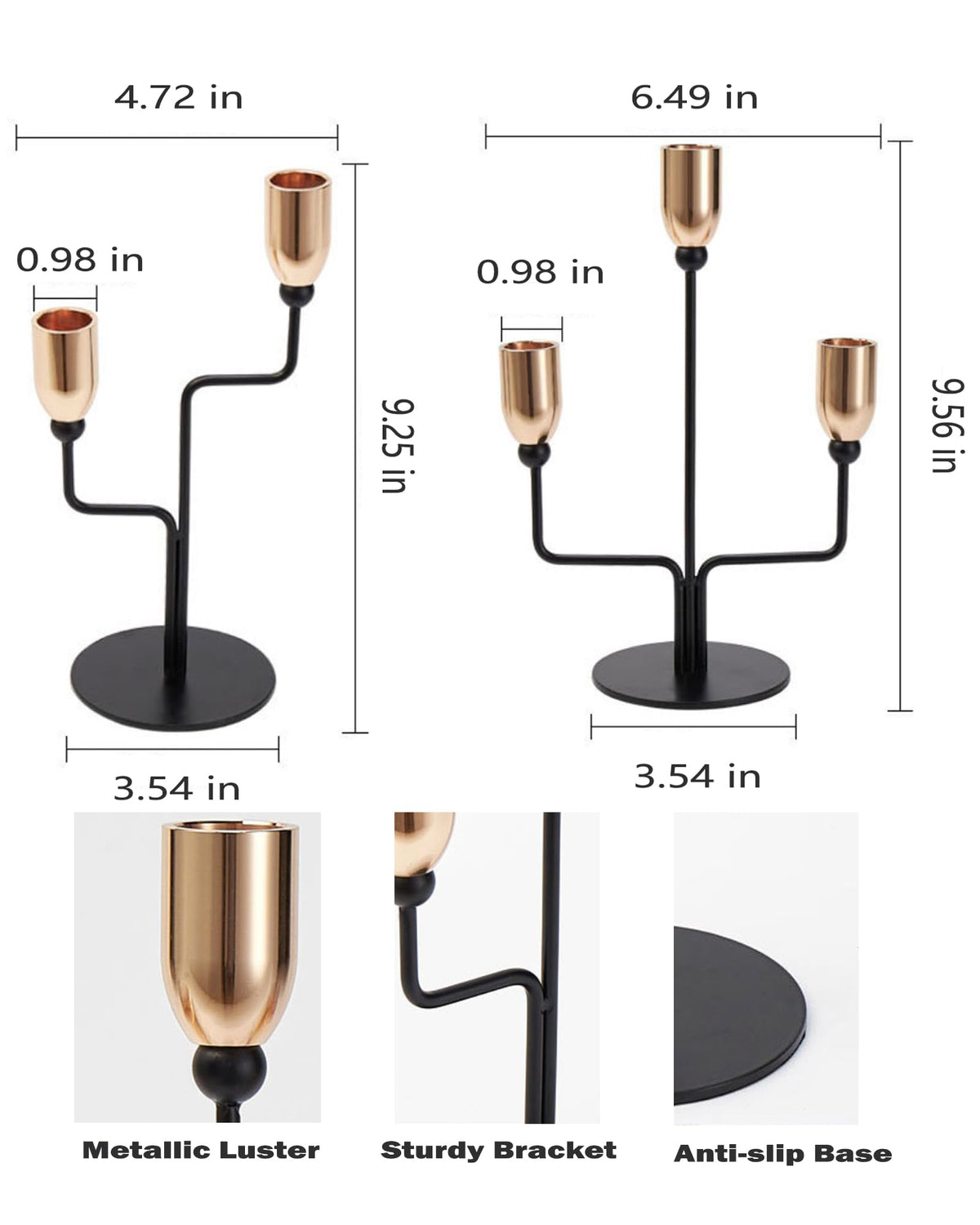 LHQOO Metal Triple Taper Candle Holder, Modern Gold & Black Candle Holder with Stable Base, Decorative Candle Stand for Home Decor, Wedding, Dining, Party, Anniversary