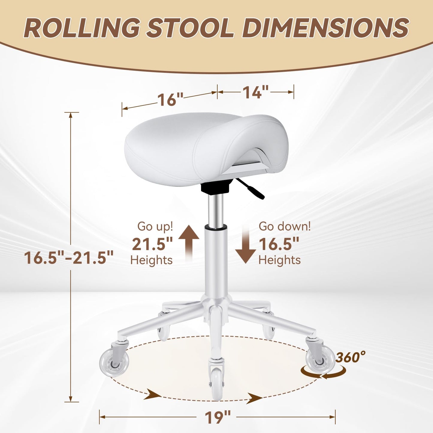 Saddle Stool Heavy Duty 400lbs - Ergonomic Thick Saddle Seat Cushion, Easy Height Adjustable, Healthy Posture No Pain, Smooth Rolling No Creaky Noises, Rolling Saddle Stool Chair with Wheels (White2)