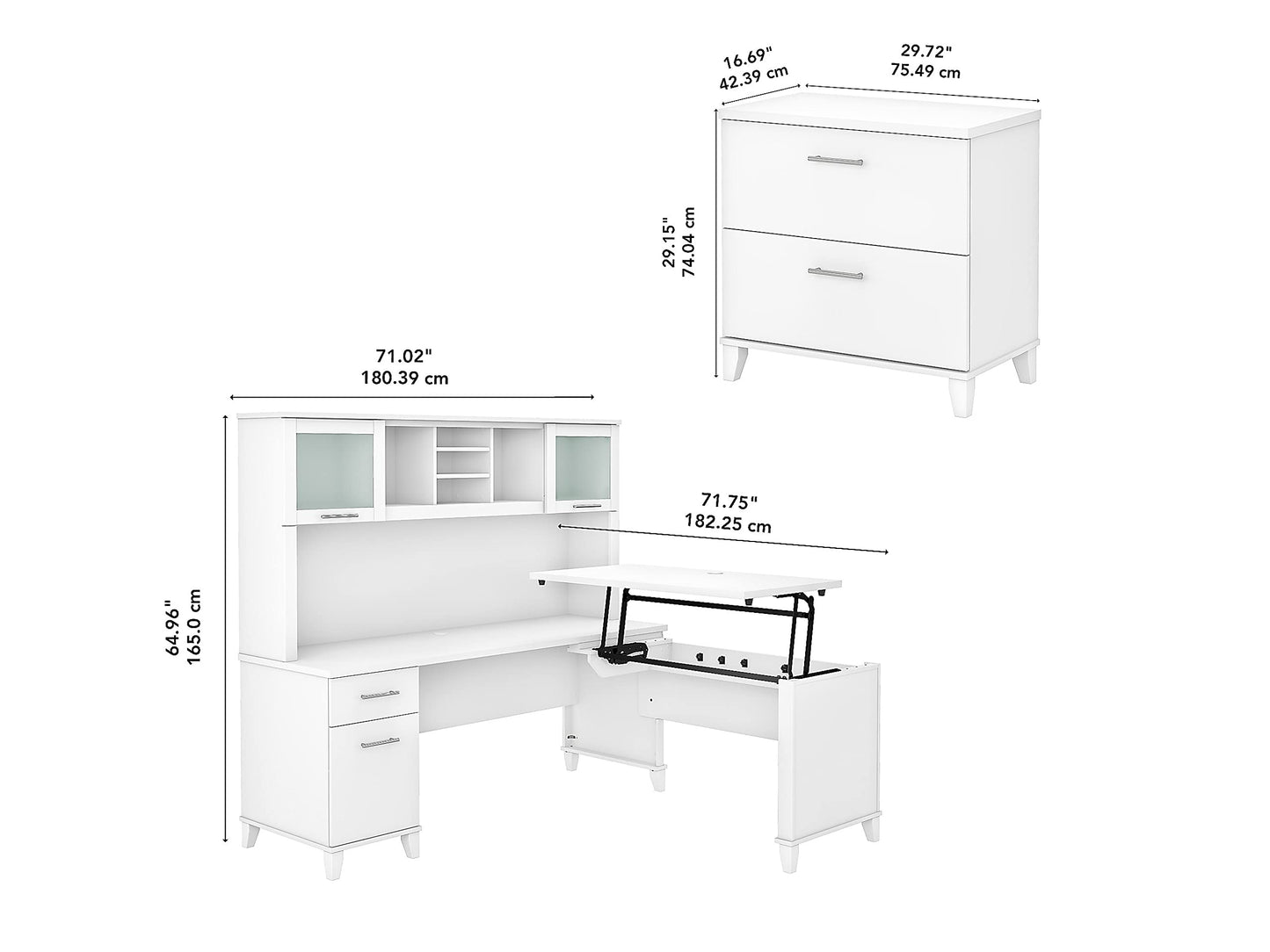 Bush Home Somerset 72W 3 Position Sit to Stand L Shaped Desk with Hutch and File Cabinet in White