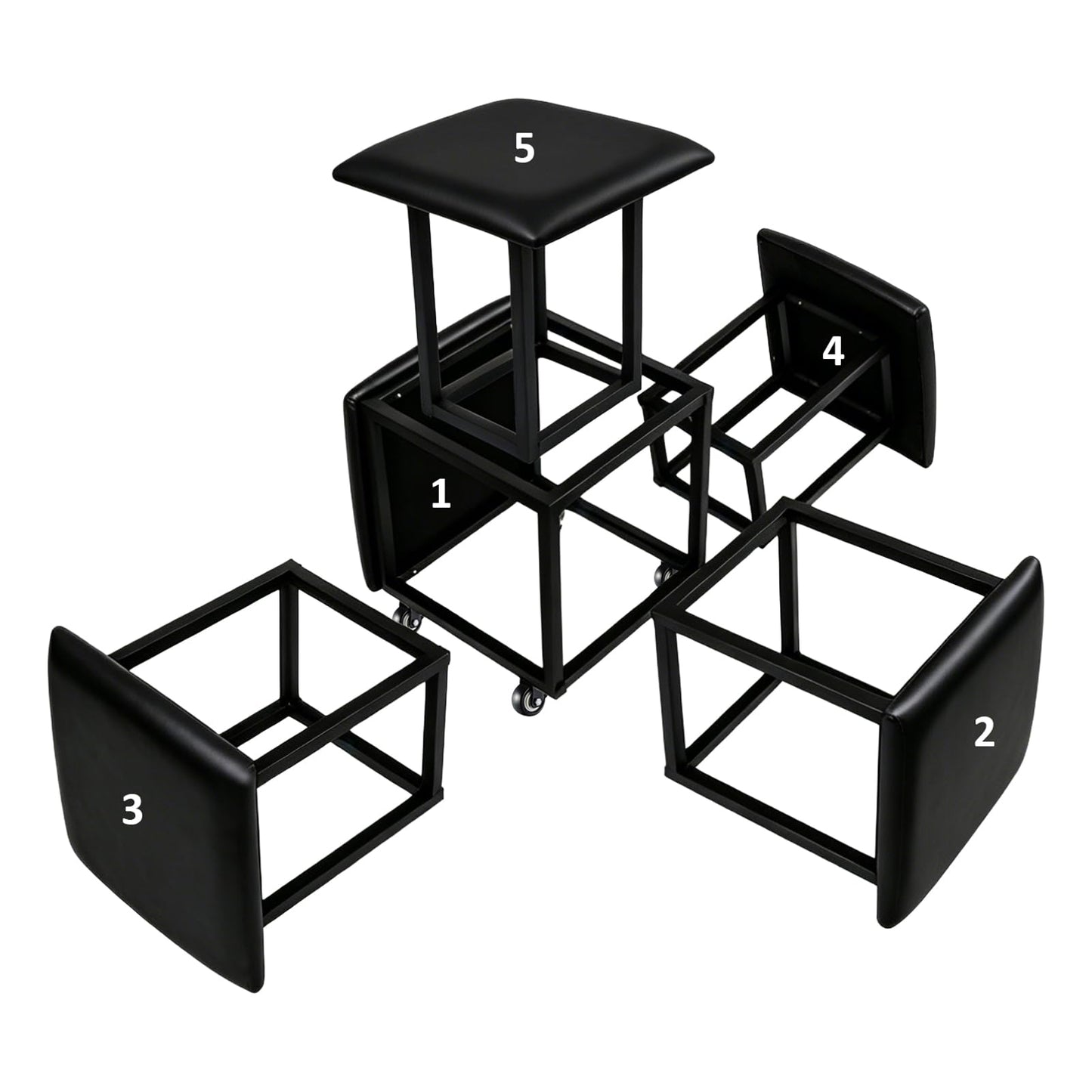 LUGSHIREE 5 in 1 Nesting Ottoman Cube Chair, Stackable Stools, Leather Square Ottoman Bench, Foot Stool with Wheels for Living Room,Dining Room 15.75x15.75x16.54 inches
