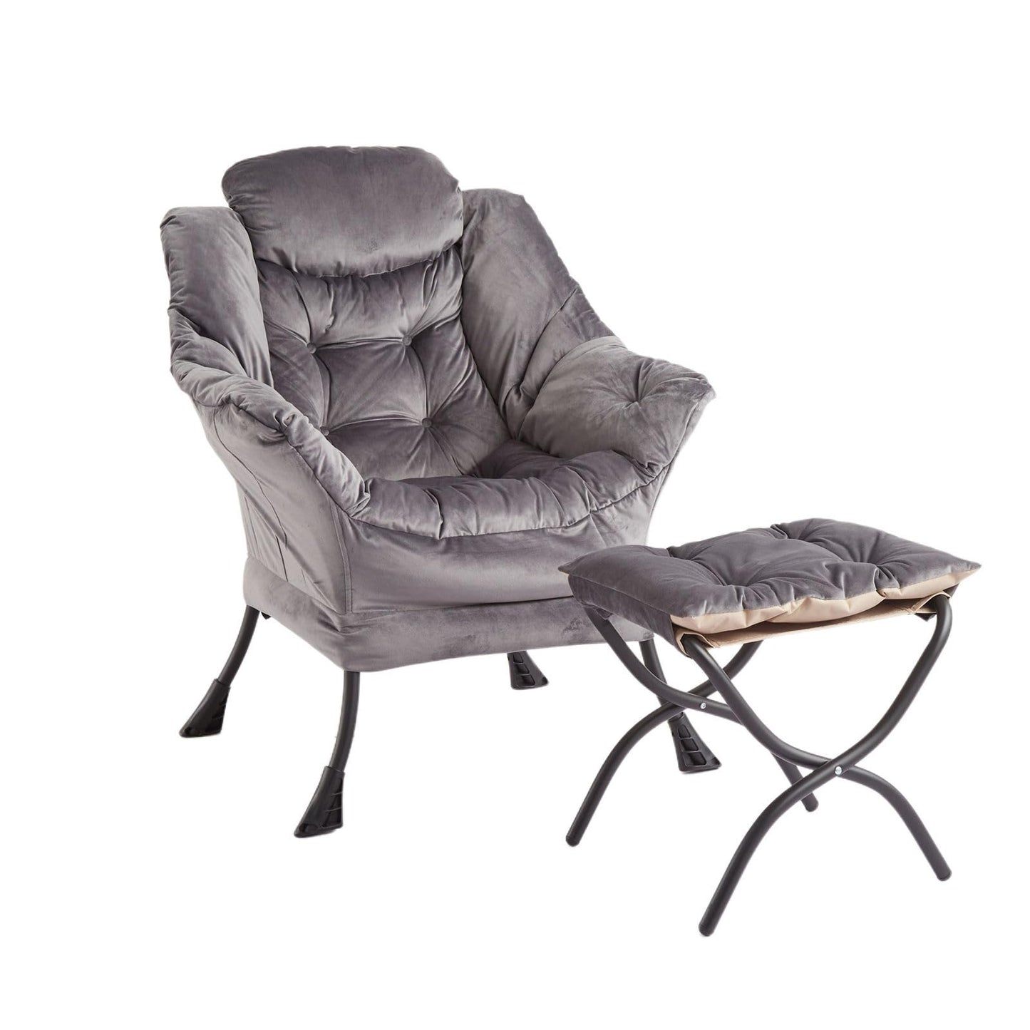 GarveeHome Lazy Chair with Ottoman, Modern Lounge Accent Chair, Leisure Sofa Armchair with Footrest, Reading Armchair with Side Pocket for Living Room, Bedroom, Dorm & Office (Dark Grey, 1PCS)