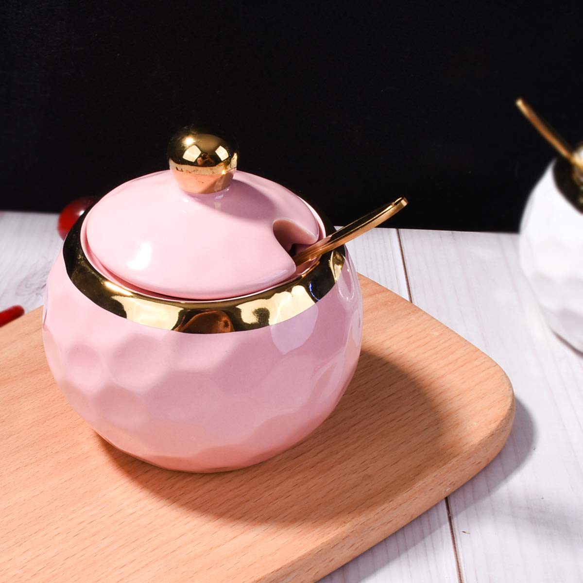 BOSILI Ceramic Sugar Bowl with Spoon Golf Shaped Ceramic Salt Container with Lid for Home and Kitchen (Pink)