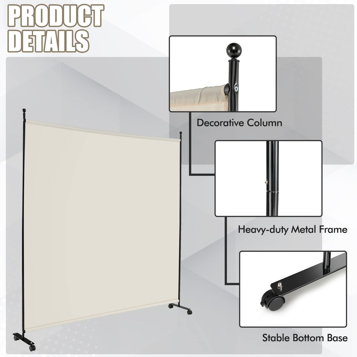 GOFLAME 6FT Single Panel Room Divider, Wide Rolling Privacy Screen with Lockable Wheels, Portable Room Partition Screen, Freestanding Wall Divider and Separator for Home Office, White