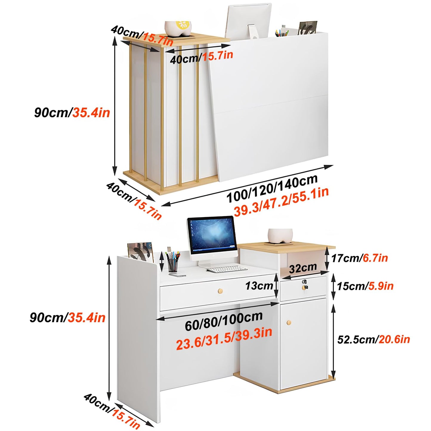Modern Reception Desk with Counter, Simple Retail Counter Checkout Counter with Lockable Drawers and Storage Cabinet, for Office Lobby Salon, White Marble