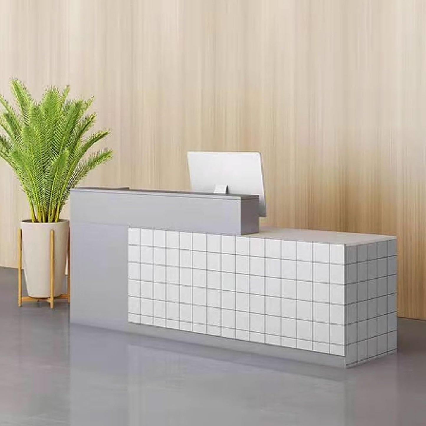 Modern Reception Desk for Office & Salon - 1.4m Engineered Wood Front Counter in Gray & White, Stylish Receptionist Furniture for Retail Spaces & Waiting Areas