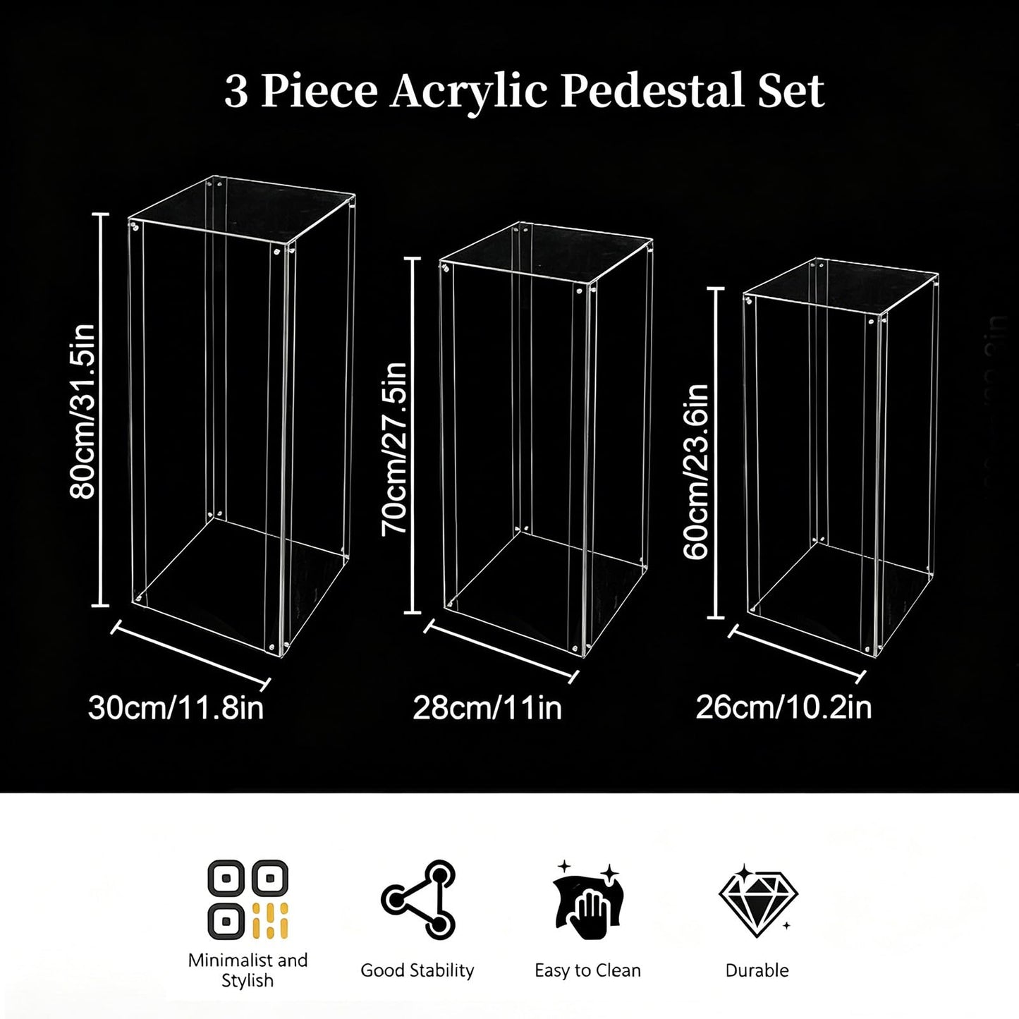 Vincidern 3PCS Acrylic Pedestal Stand for Party, Clear Square Display Plinth Pillar Stand for Wedding Cake Stand, Flower Holder, Sculpture Display, Art Gallery Home Decor (31.5"/27.6"/23.6" H)