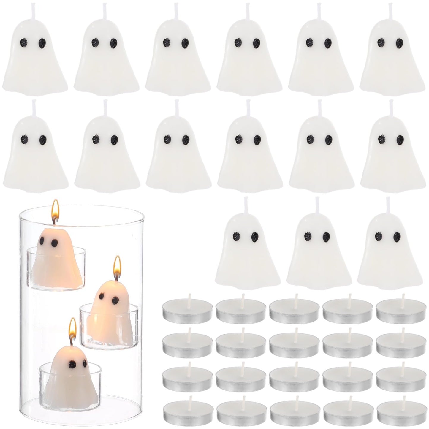 Kronabelle Cylinder Halloween Candle Holder Glass Set, 15 Candles and 20 Tea Lights Included, Decorative Floating Candle Table Centerpiece Kit for Holiday Wedding Party