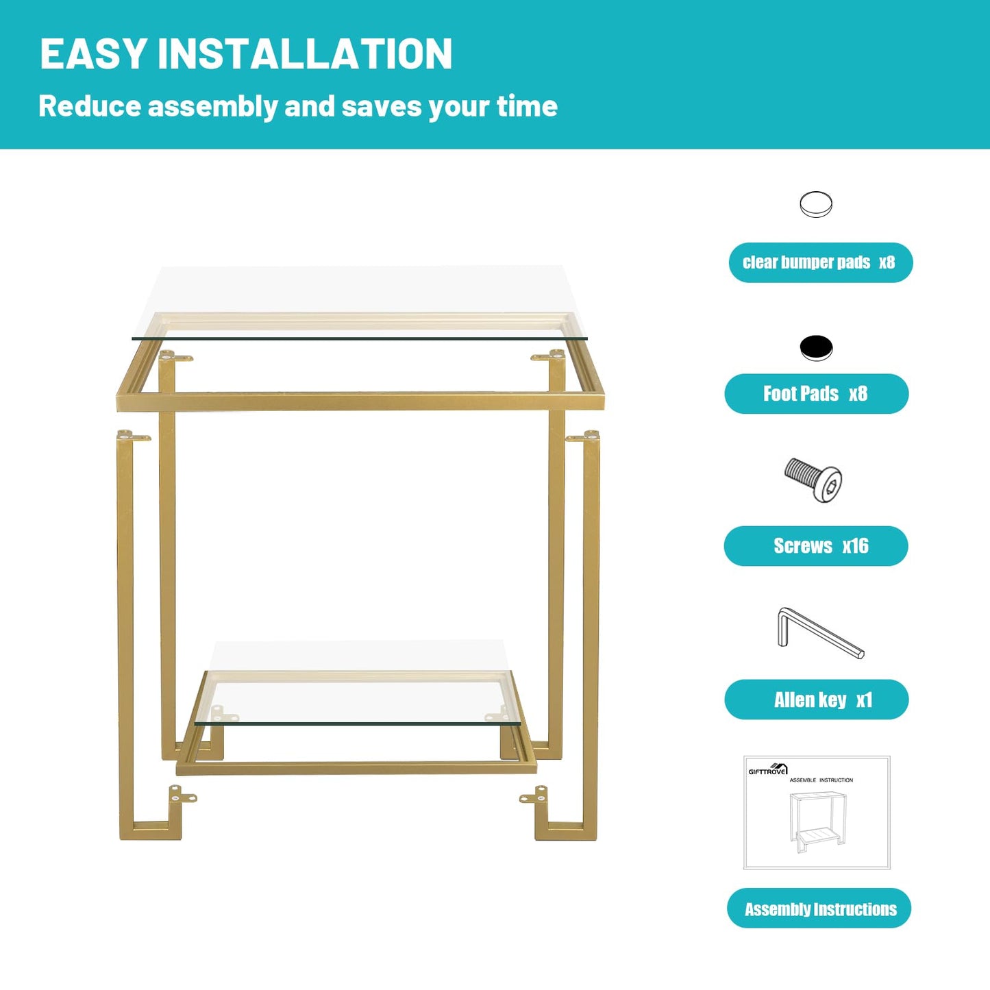 GIFTTROVE 2 Tier Rectangular Side Table, Gold End Table with Glass Top, Modern Metal Clear Coffee Tables，Small Accent Tables for Living Room, Bedroom, 22" x 12.4" x 24"