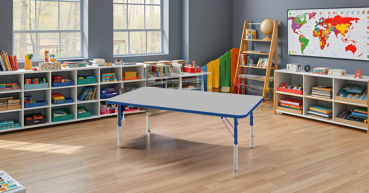 Norwood Commercial Furniture Adjustable Height Classroom Activity Table for Kids & Adults, Square Activity Table for School and Home, Grey/Blue, 30" x 60"