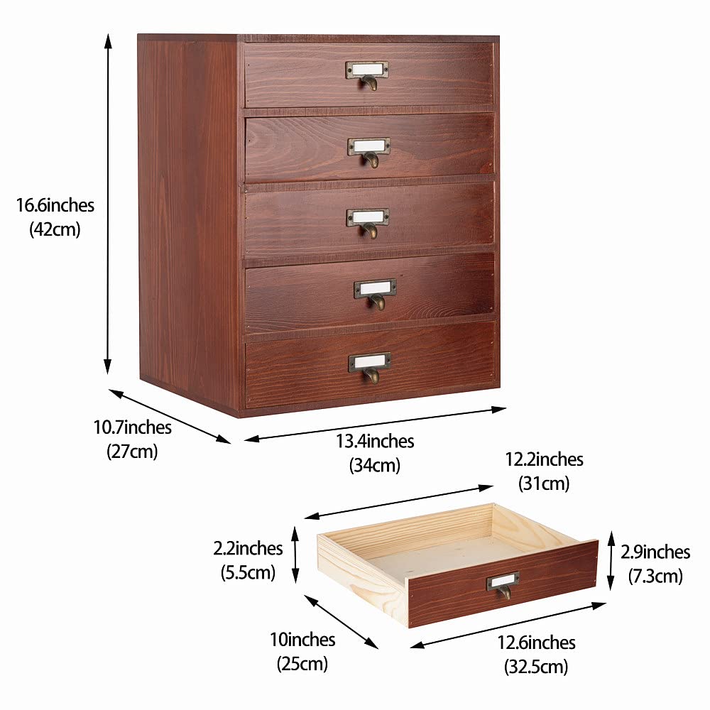 GoooodGIFT Large Wooden Drawer Rustic Desk Organizers and Accessories Wooden Storage Dox with Drawers Paper Storage Drawer Wood File Organizer Library Card Catalog Cabinet Apothecary Cabinet (L-BROWN)
