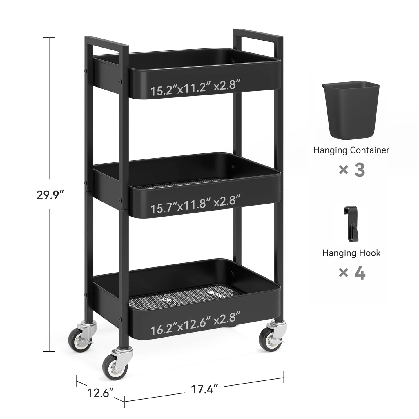 Nunsino 3 Tier Rolling Cart,Utility Cart with Locking Wheels, Hanging Cups & Hooks, Heavy Duty Metal Storage Organizer Cart for Kitchen,Office, Bathroom,Craft Room,Black