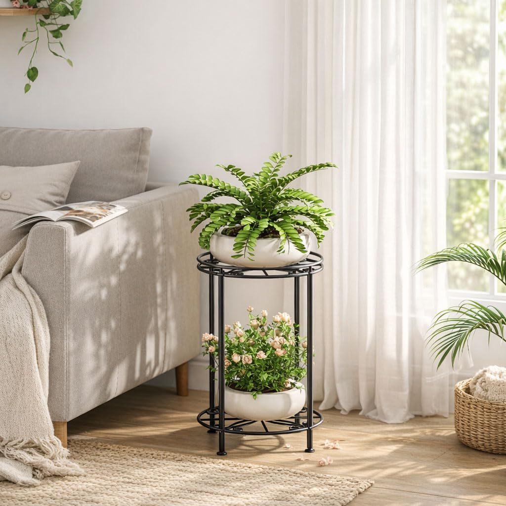 Josmimic Plant Stand 2-Tier 10.2in Width 16.4in Tall Flower Pot Rack Small Plant Table Metal For Indoor Outdoor