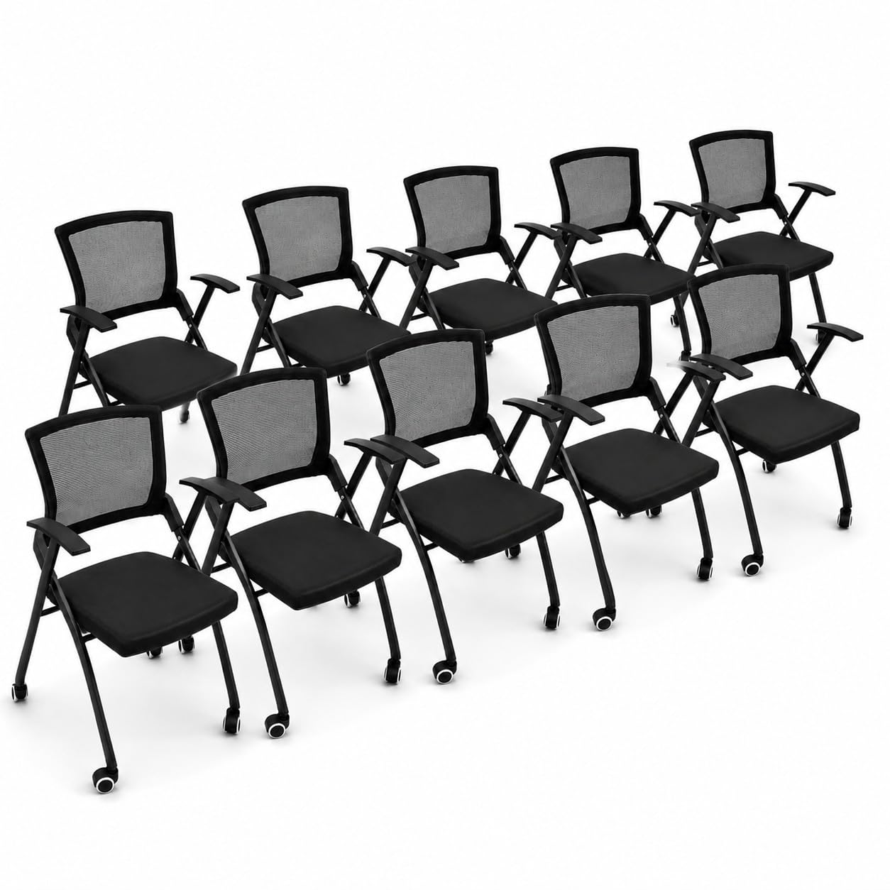 ENCASED Stackable Conference Room Chairs with Wheels, Folding Office Guest Chairs with Mesh Back and Padded Seat - 10 Pack
