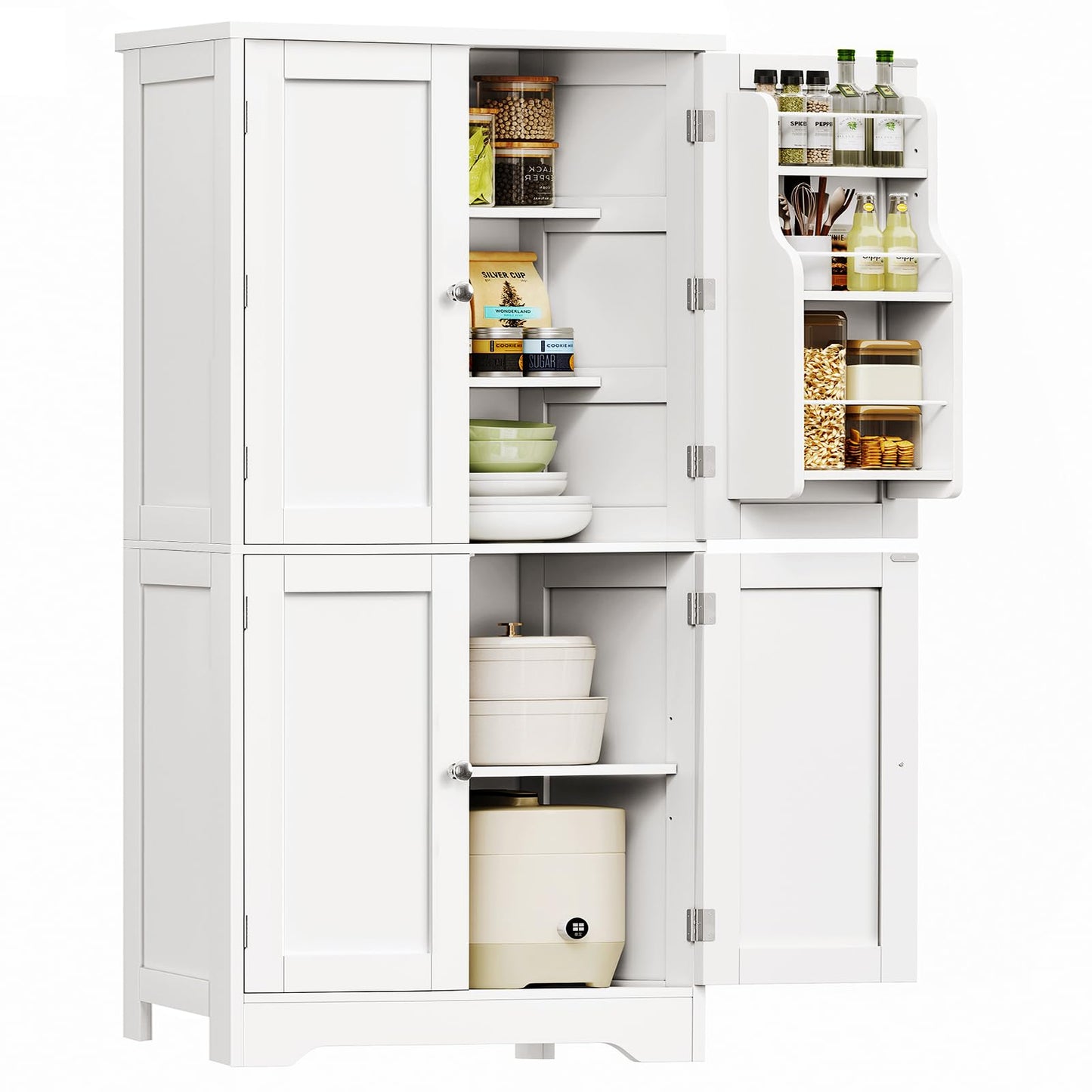 TEENFON 51" H Pantry Cabinet with 4 Doors, Kitchen Cabinet with 6 Door Shelves, Storage Cabinet for Living Room, Dining Room, Bathroom, White