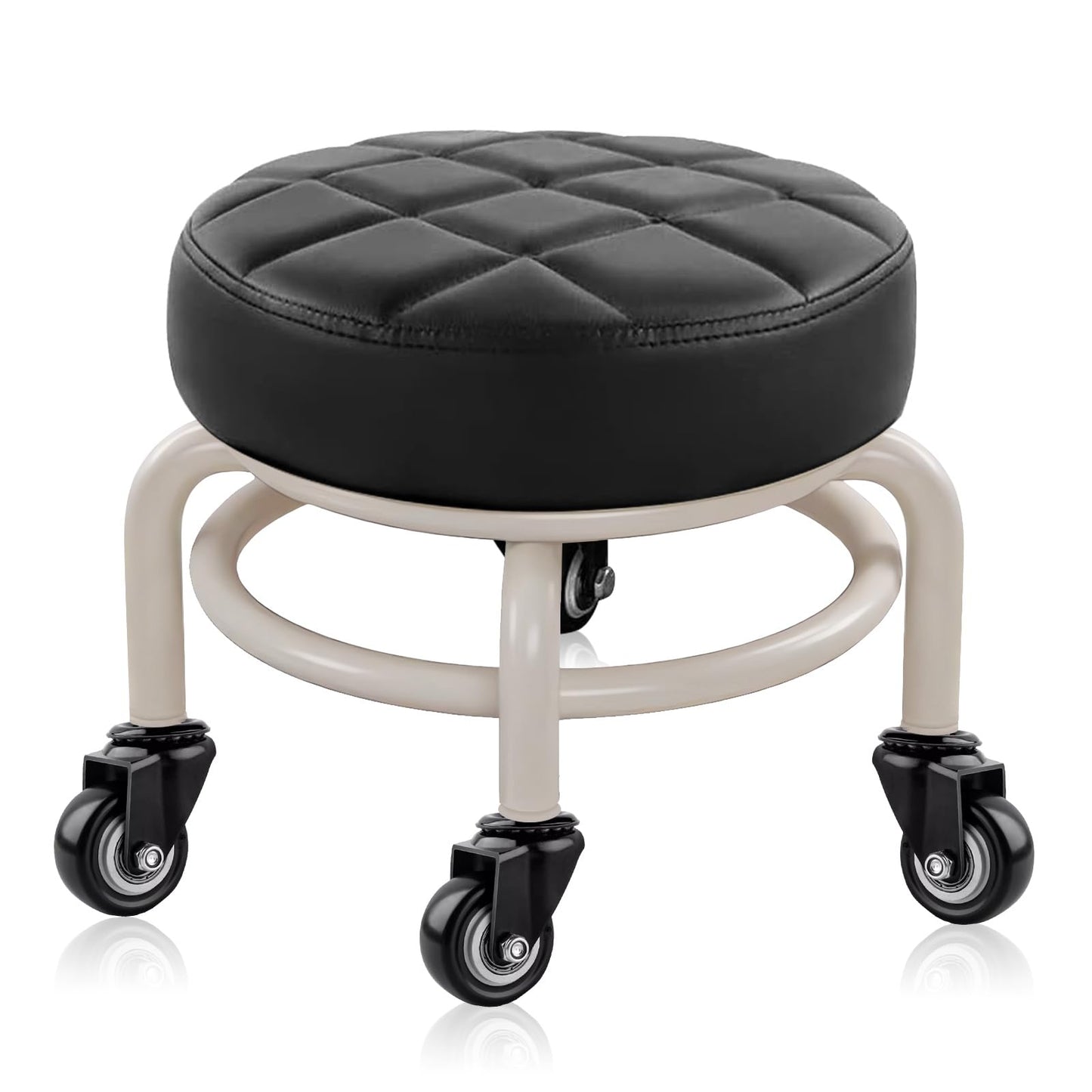 HPONQIONE Round Rolling Low Stool- PU Leather Low Stool 360° More Comfortable Swivel with Thickened Sponge Cushion for Nail Salon, Pedicure, SPA and Home (Black Upgrade Edition)