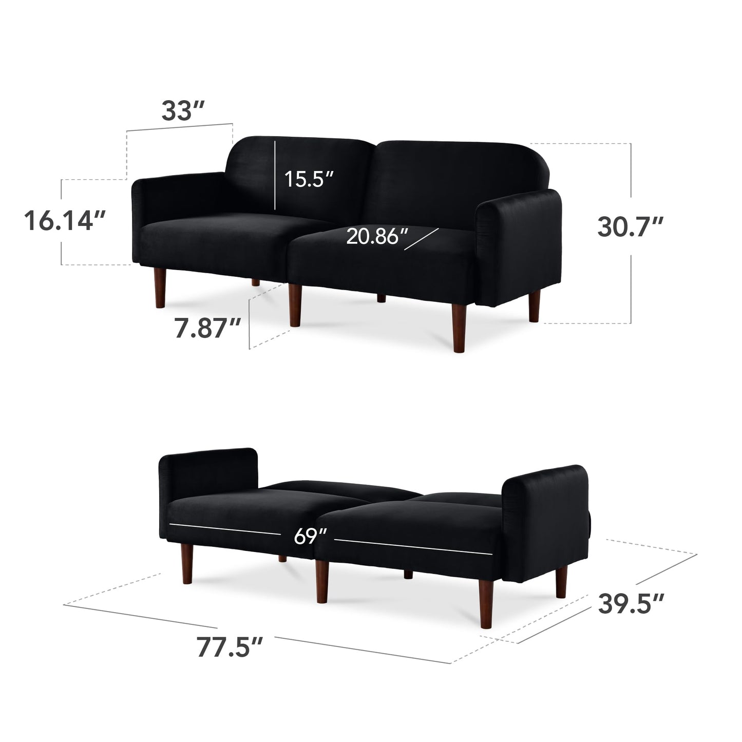 Best Choice Products 77" Mid Century Modern Velvet Loveseat Sofa, Couch, Convertible Sofa Sleeper Bed w/Real Wood, Removable Armrest - Onyx Black