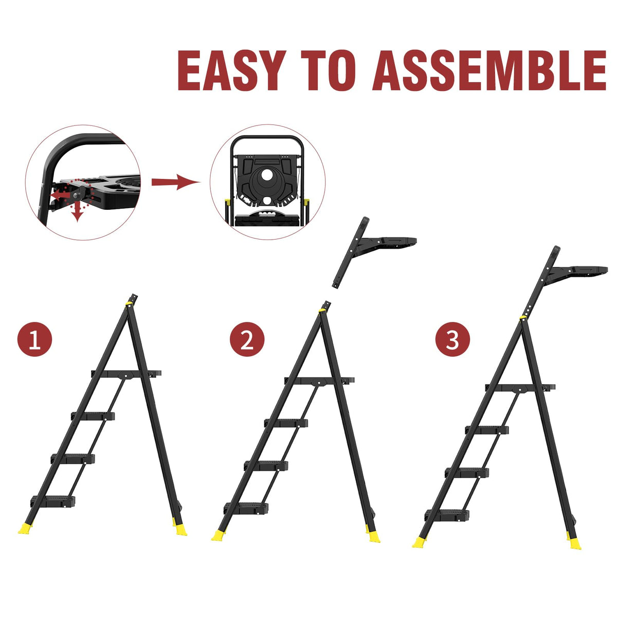 4 Step Foldable Step Ladder with Roomy Tool Tray, Platform Ladders Stepstools, Step Stool 4 Step Folding with Wide Non-Slip Pedals and 800lbs Bearing Capacity for Adults, Home, Kitchen, Black Yellow