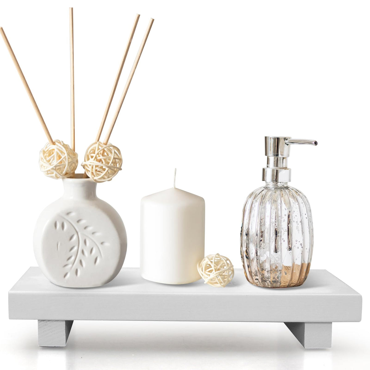 White Wooden Bathroom Tray Wood Riser Pedestal Stand Dish Soap Dispenser Holder for Kitchen Counter Bathroom Decor Decorative Kitchen Sink Countertop Trays Farmhouse Organizer Accessories Vanity Tray