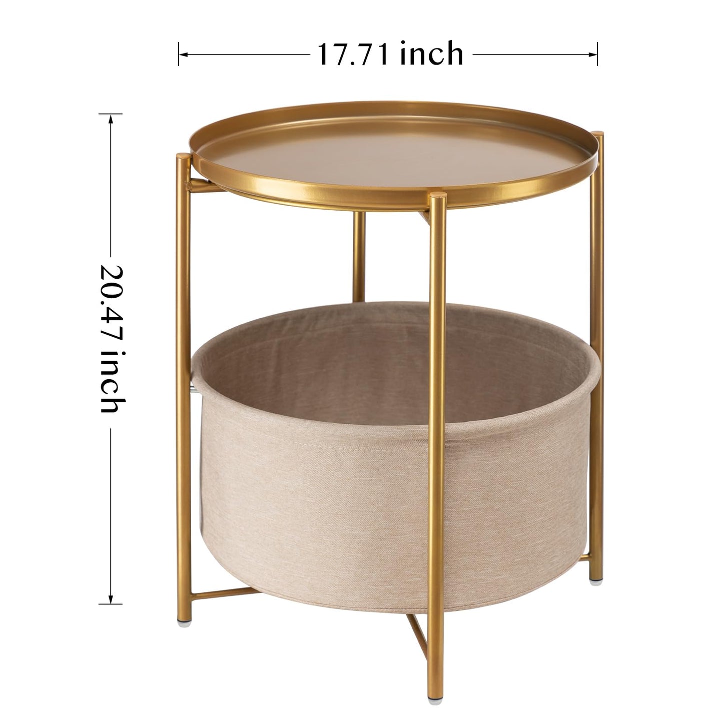 danpinera Gold Side Table with Fabric Storage Basket, Metal Round Side Small Bedside Table Nightstand with Removable Tray for Living Room, Bedroom, Outdoor Table for Patio, Nursery, Bathroom, Gold