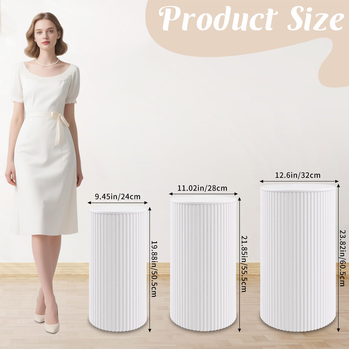 JALANCY Metal Pleated Cylinder Pedestal Stands for Party, 3 Pieces Heavy Duty Round Cake Pedestal Stand Display Plinth Pillars Art Decor for Wedding Ceremony Birthday Party（Small, White）