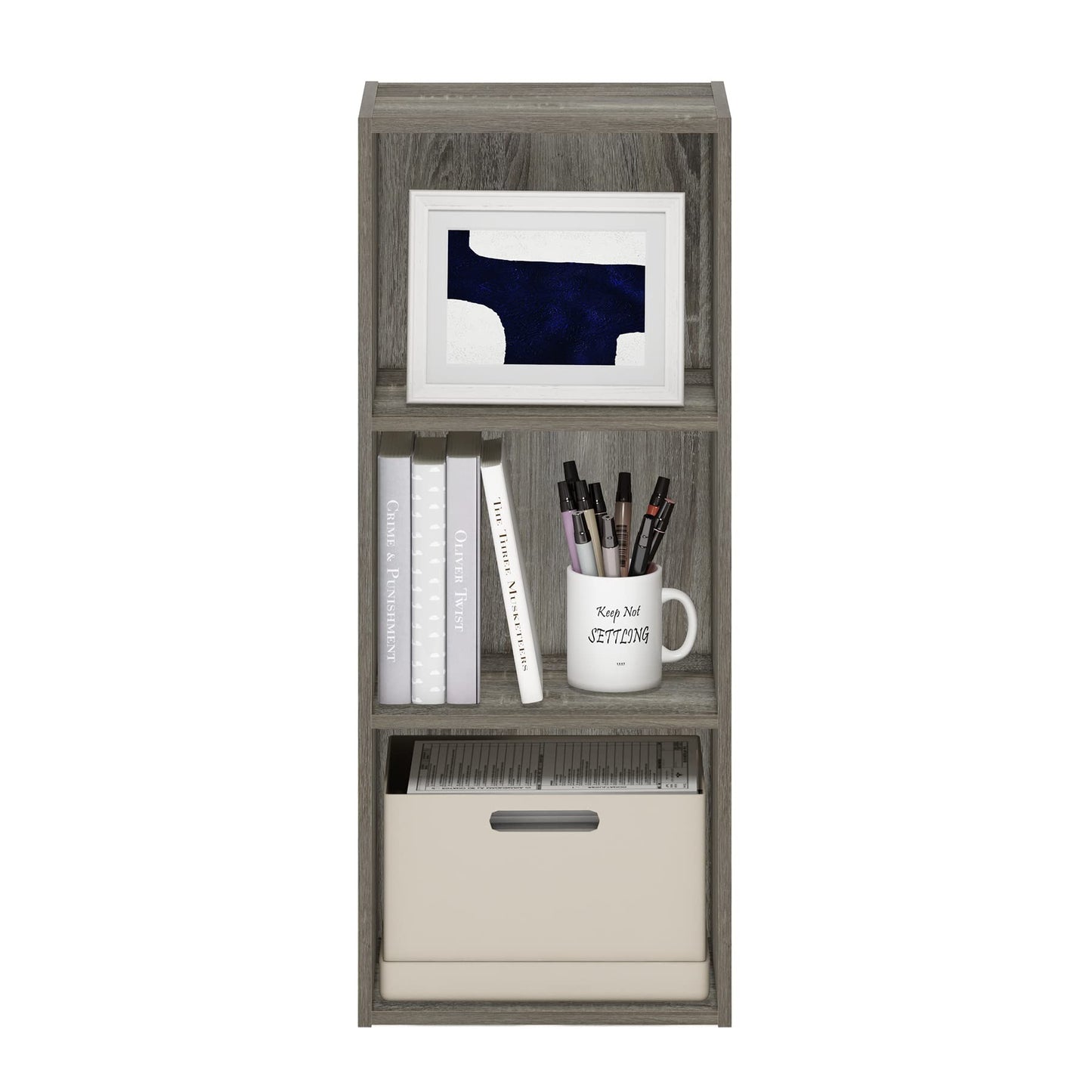 Furinno LUDER Book Shelf, 3-Cube Bookshelf, Bookcase with Open Shelves, 9.3 x 12 x 31.5, Easy Assembly, for Living Room, Bedroom, Home Office, Grey Oak