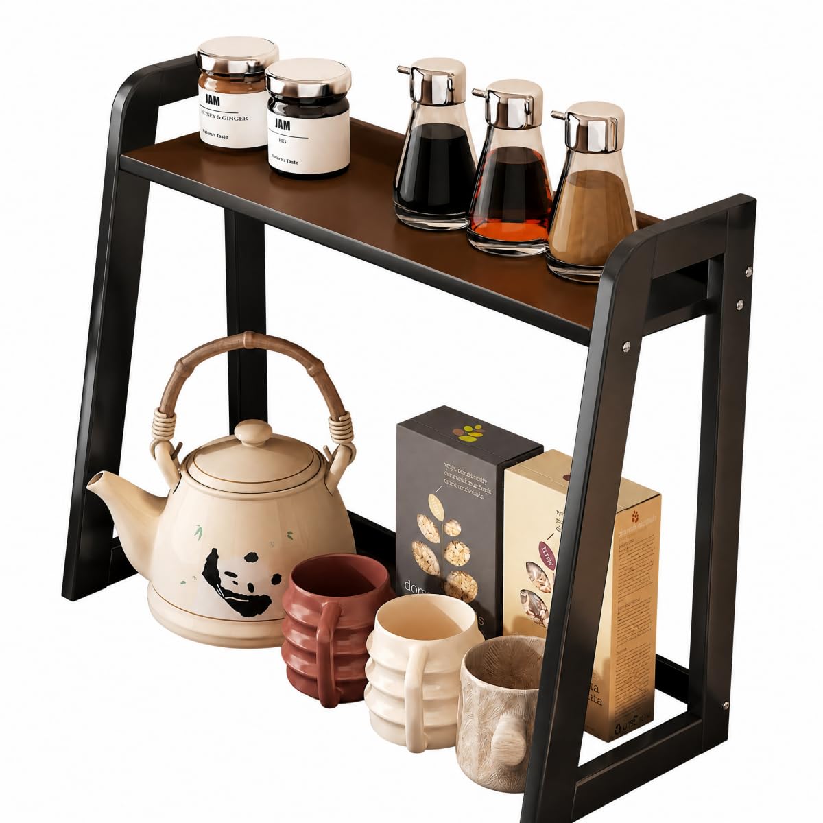 XIKEMADI Natural Bamboo Coffee Station Organizer, 2-Tier Wooden Kitchen Counter Shelf for Bar Accessories, Multi-Functional Countertop Storage Rack for Syrup Bottles & Coffee Essentials (Black)