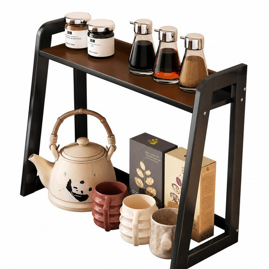 XIKEMADI Natural Bamboo Coffee Station Organizer, 2-Tier Wooden Kitchen Counter Shelf for Bar Accessories, Multi-Functional Countertop Storage Rack for Syrup Bottles & Coffee Essentials (Black)