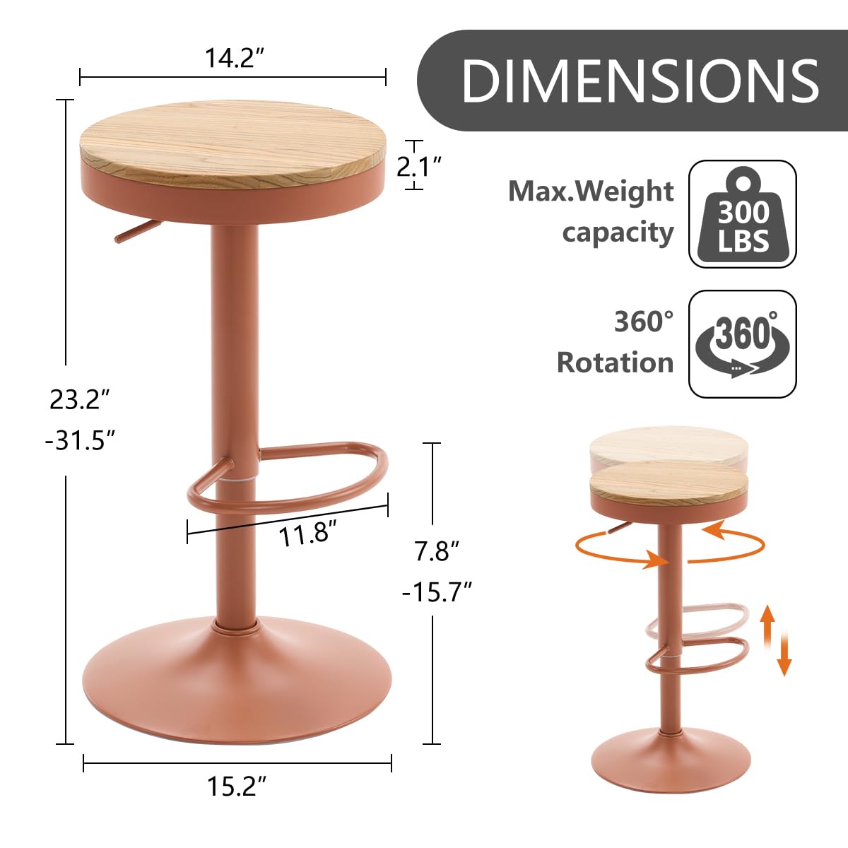 Kidol & Shellder Bar Stools Set of 2 Round Adjustable Swivel Barstools Modern Backless Bar Chairs Wooden Seat Counter Height Stools Armless for Kitchen Island, Cafe, Dining Room Terracotta