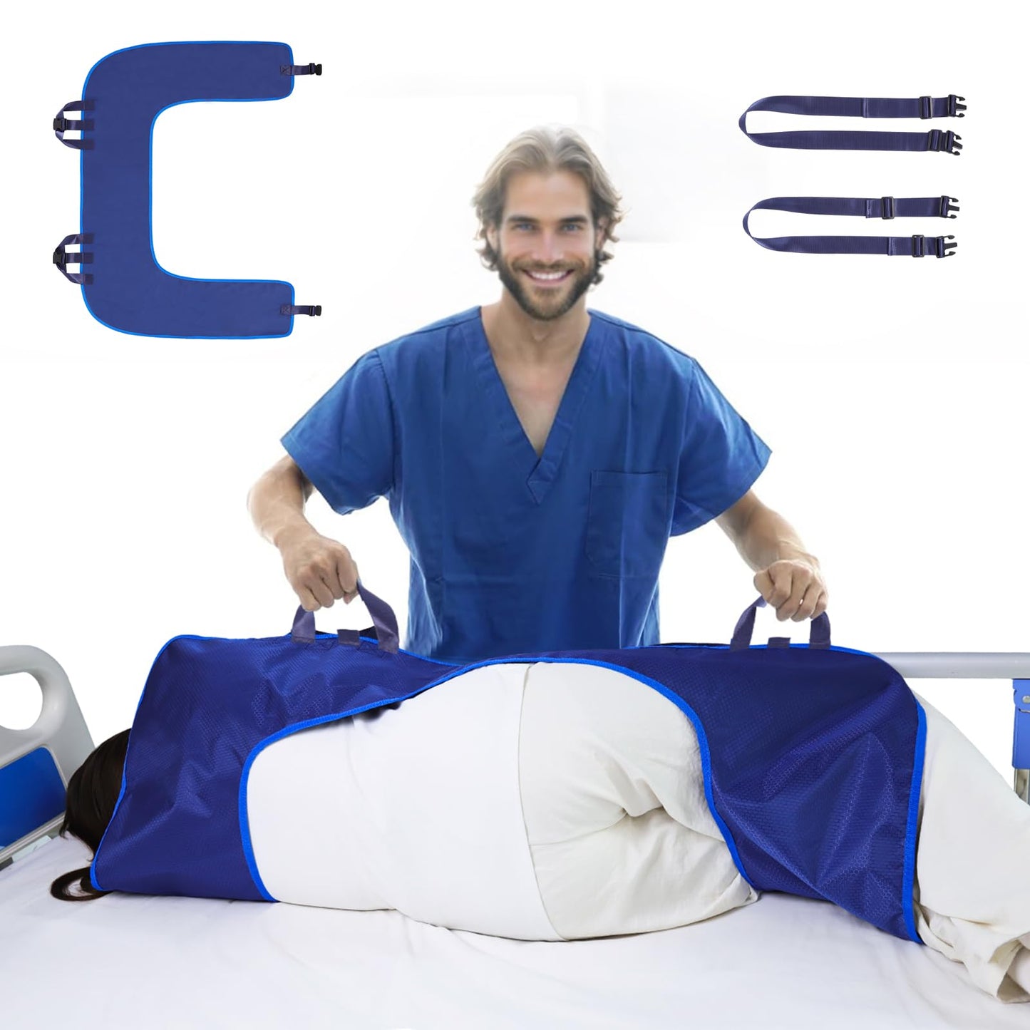 KUAZIDAR U-Shaped Positioning Sheet - Transfer Sheet for Turning and Repositioning, Multipurpose Bed Pad with Reinforced Handles, Turning Device for Elderly, Bed Patients (Blue Size-L)