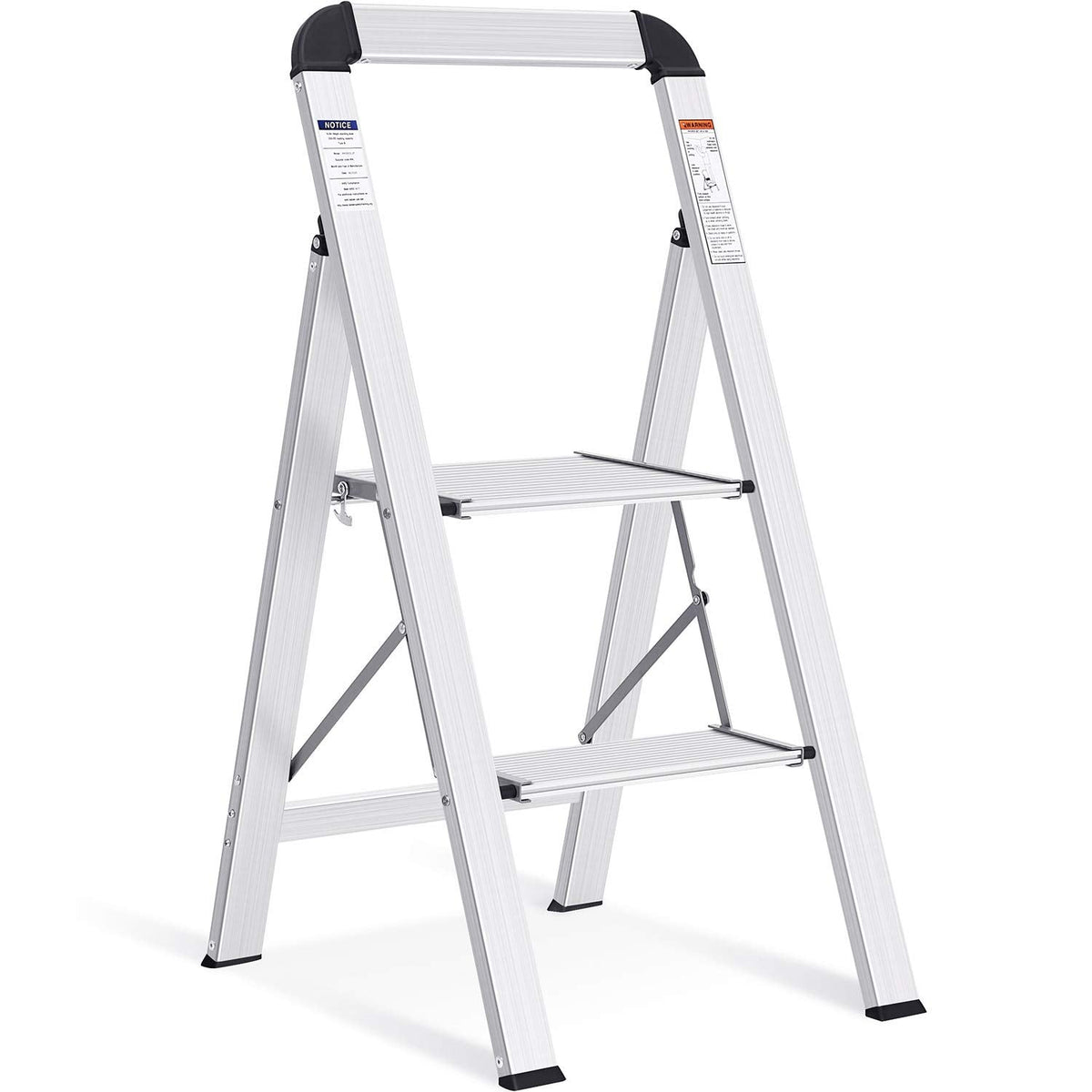KINGRACK Aluminium 2 Step Ladder, Lightweight Step Stool with Non-Slip Pedals, Handrail, 330LBS Foldable Step Ladder for Kitchen, Garage, Home, Space Saving, Sturdy and Portable, Silver