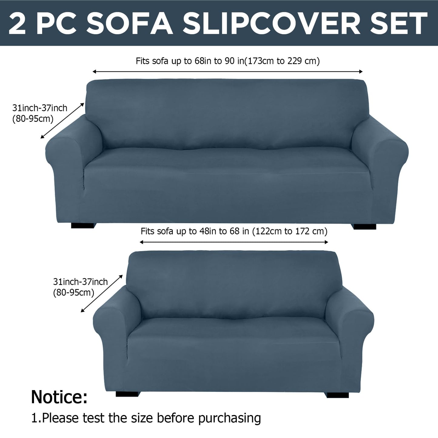 Peryiter 2 Pcs Sofa Covers Couch and Loveseat Covers Set Stretch Sofa Slipcover for Living Room Armchair Furniture Protector, Wrinkle Proof(Bluestone,Milk Silk)