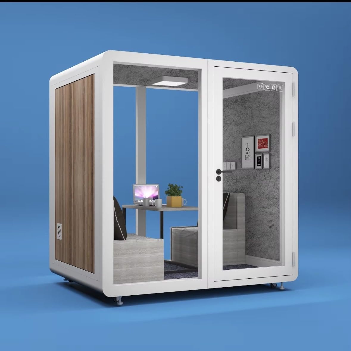 Sound Proof Mobile Office Pod Booth, Best for 4-6 People, Glass Door LED Lights, Includes Furniture & Table. Best for Private Meeting, Office, Phone Call, Piano, Study, Sleep & More (White)