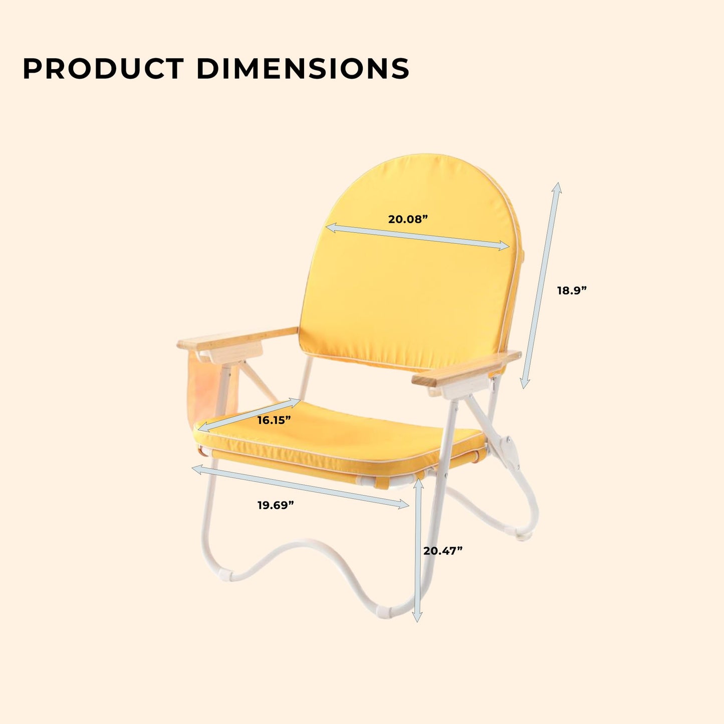DEER LAND Padded Low Beach Chair, 4-Position Folding Outdoor Chair with Wooden Armrests, Cushioned Seat, Storage Pouch & Carry Strap for Beach, Patio and Lawn, Harbour Mimosa