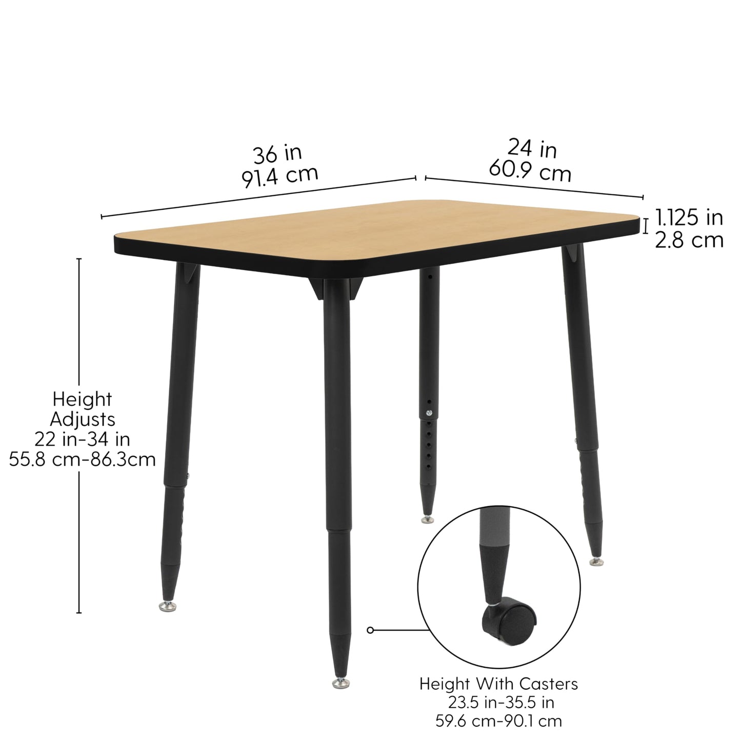 Adapte Commercial Classroom Activity Table - 24" x 36" Rectangle, ADA Compliant Tapered Legs with Glides & Casters, Adjustable Height 22-34" Wheelchair Accessible, School & Office Furniture