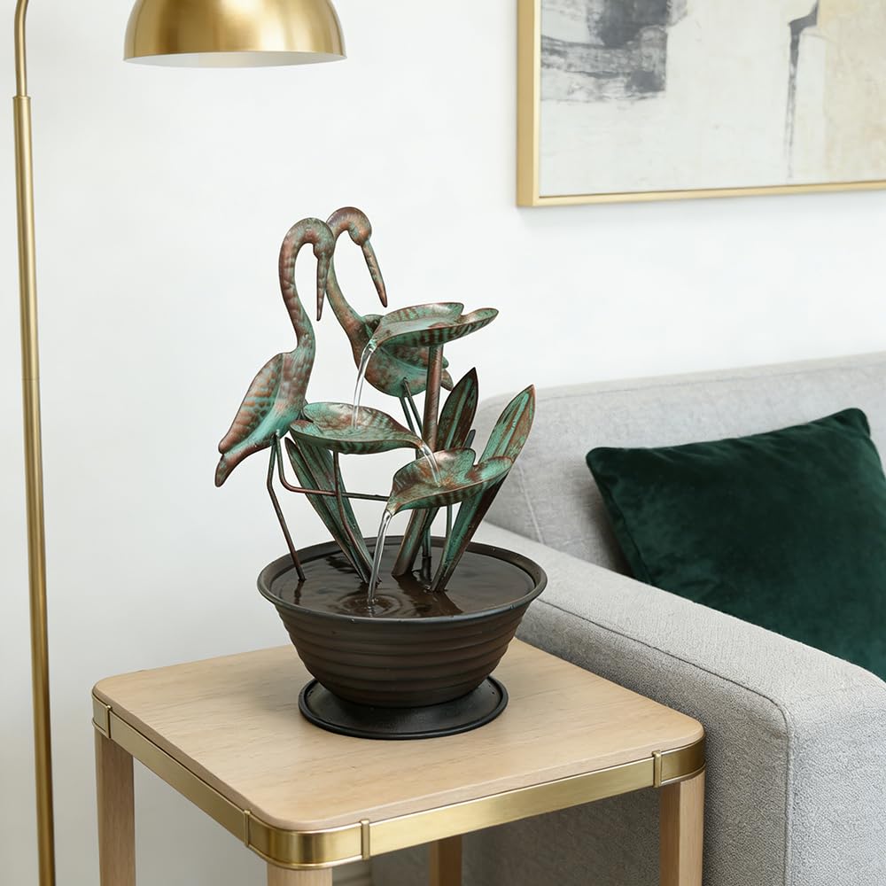 YEAHOME Tabletop Water Fountain with Standing Metal Crane for Home Decor, 3-Tier Lotus Leaf Indoor Zen Waterfall Fountains for Apartment, Living Room, Housewarming Gifts
