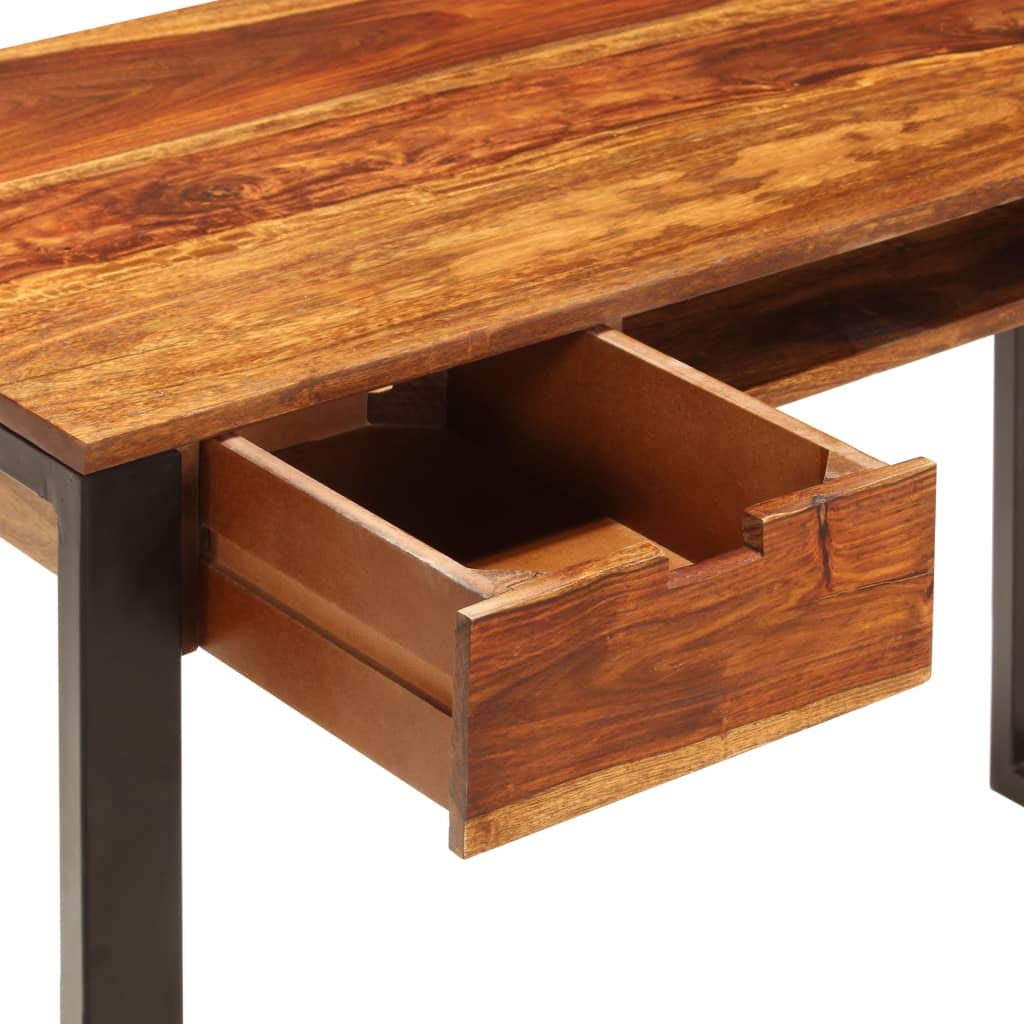 KHNLGFR Solid Acacia Wood Desk with 2 Drawers and Keyboard Shelf, 43.3"x21.7"x30.7" Steel Leg Computer Table for Home Office