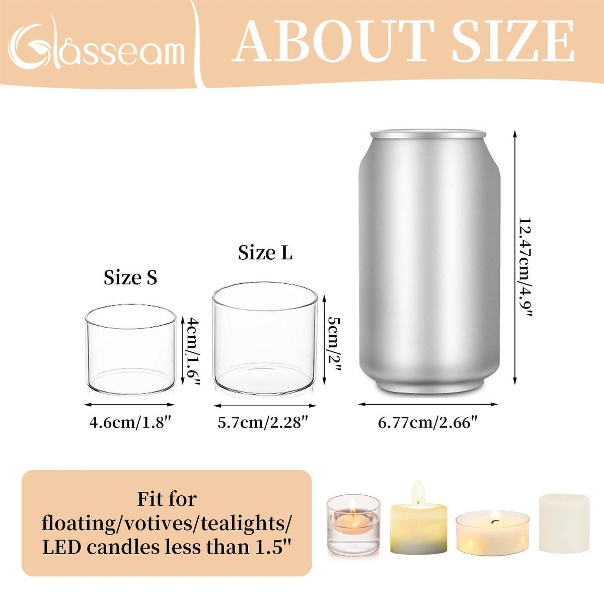 Glasseam Glass Votive Candle Holders - Clear Set of 12, Mini Floating Tea Lights for Wedding Centerpieces, Christmas Party Decorations, 1.6"+2