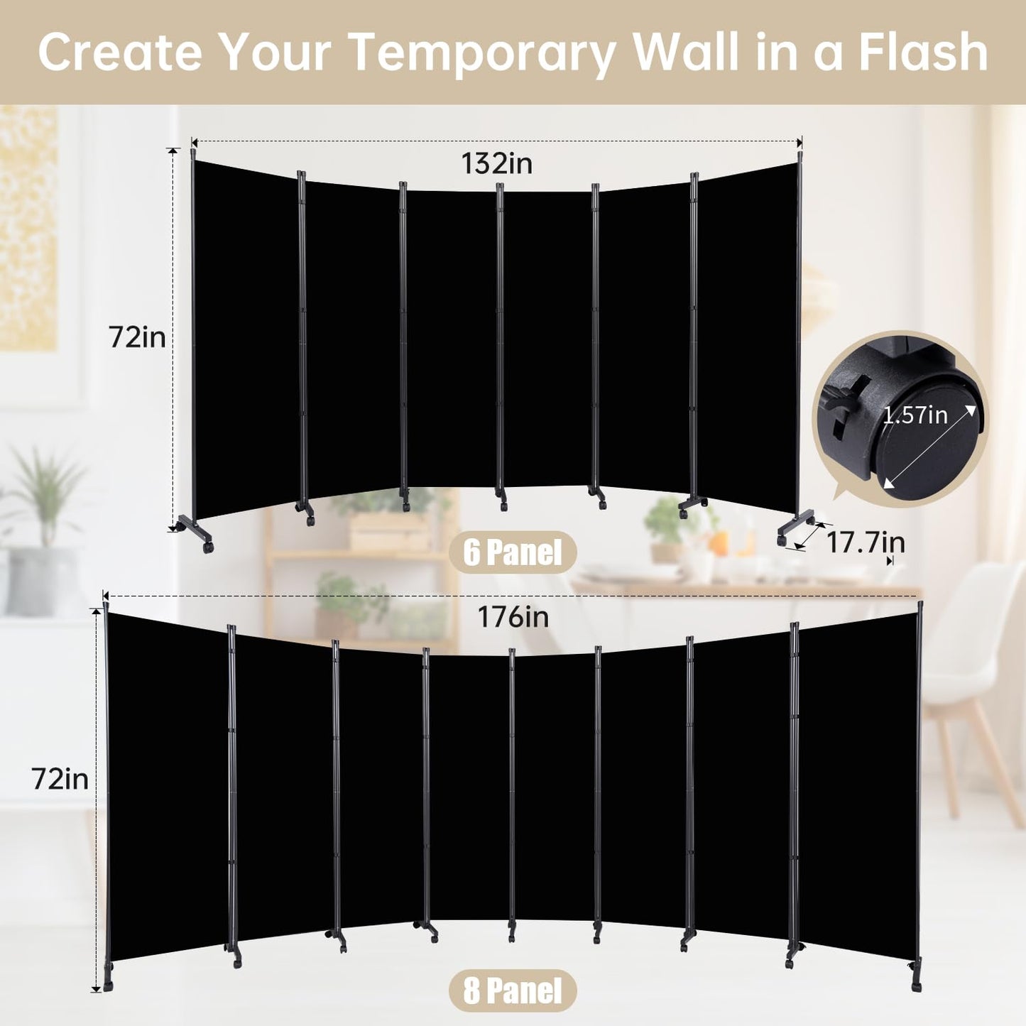 Room Divider 6 Panel Room Dividers/Wheels, Fabric Room Divider Panel for Office Room Partitions and Dividers, Portable Partition Wall Divider for Room Separation, Freestanding Privacy Screen Indoor